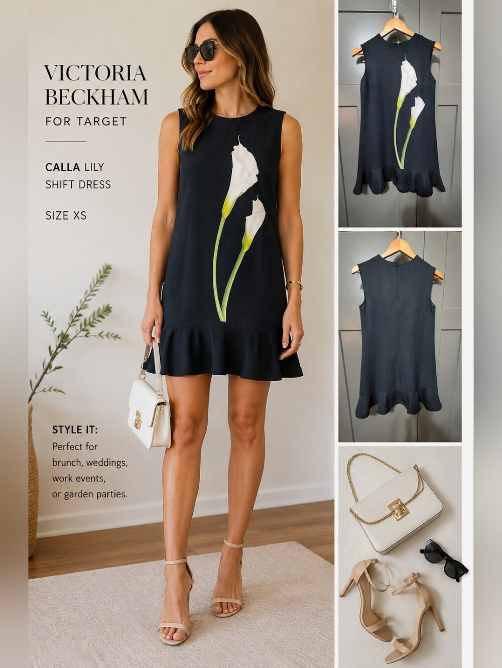 Victoria Beckham for Target Black Shift Dress with White Calla Lily Print